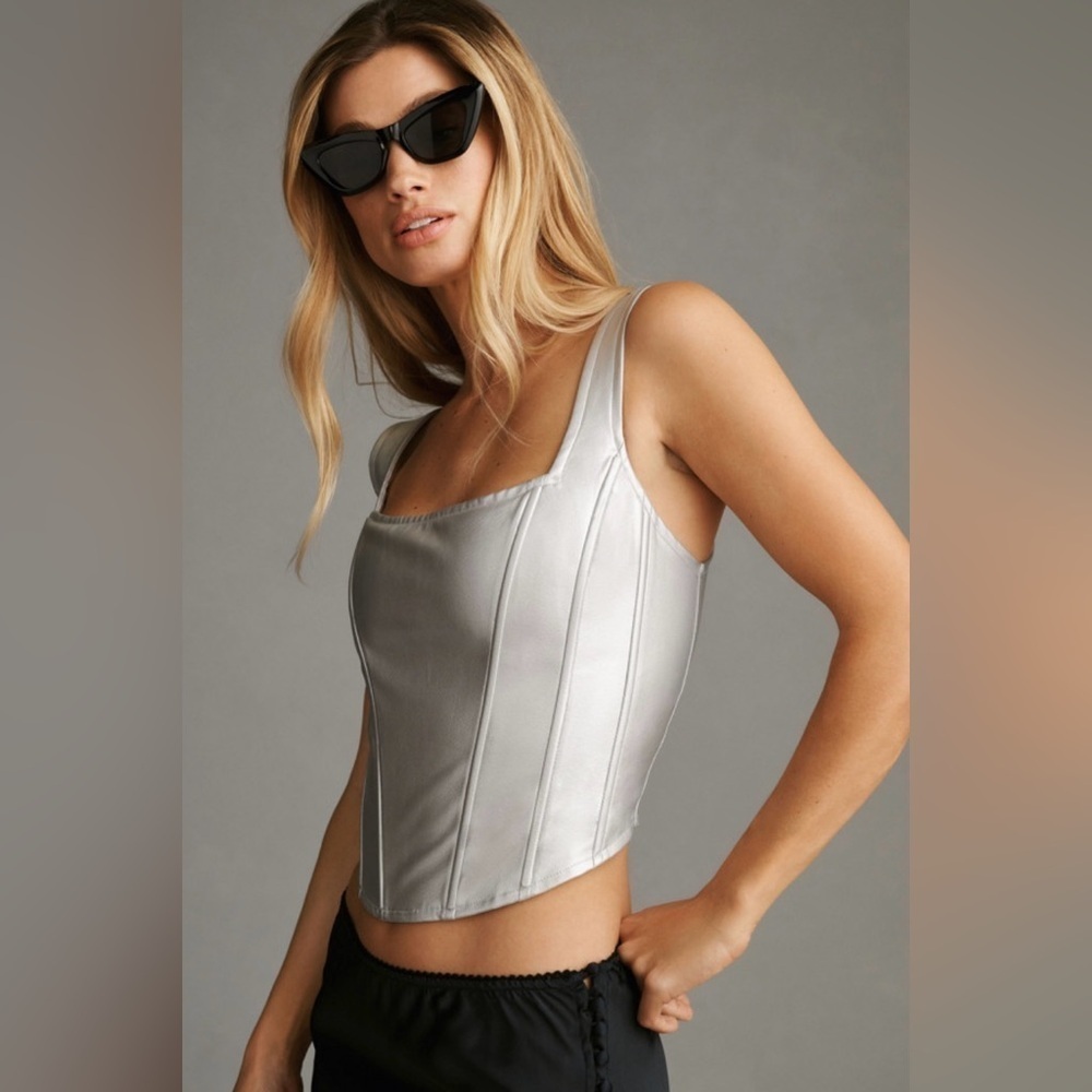 Anthropologie | Maeve | Metallic Silver Corset Tank Top | NWT! - Picture 2 of 9